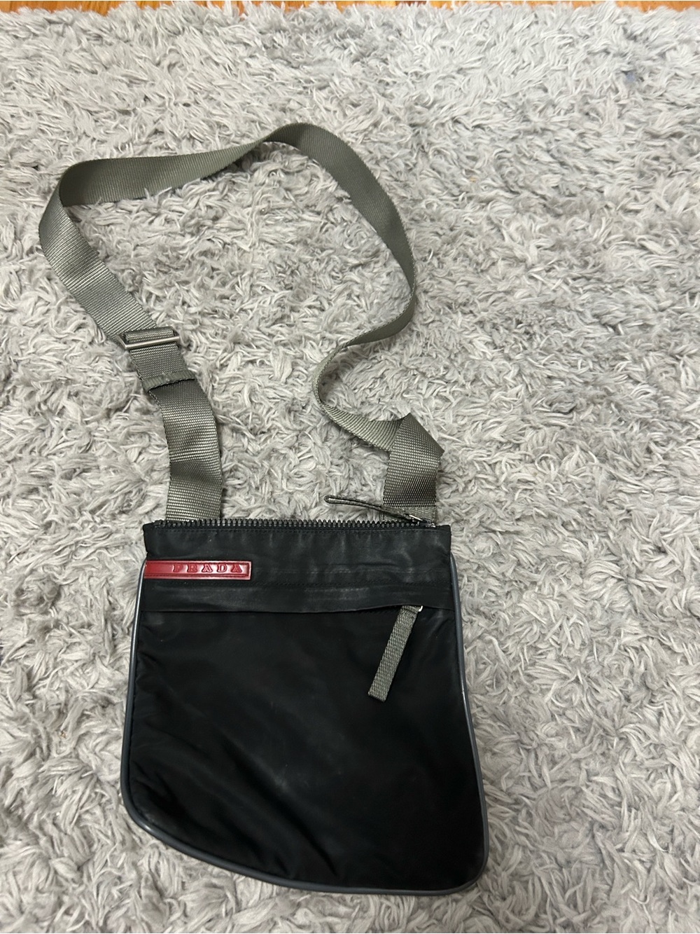 Prada Black Nylon Belt/Crossbody Bag with Grey Strap and Red Logo Accent
